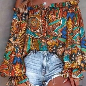 SHEIN | Printed Frill Hem Off Shoulder Blouse With Ruffle Sleeves